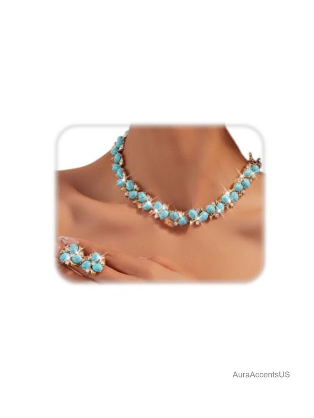 Bohemian Western Jewelry Set Gold Plated Resin Turquoise Rhinestone